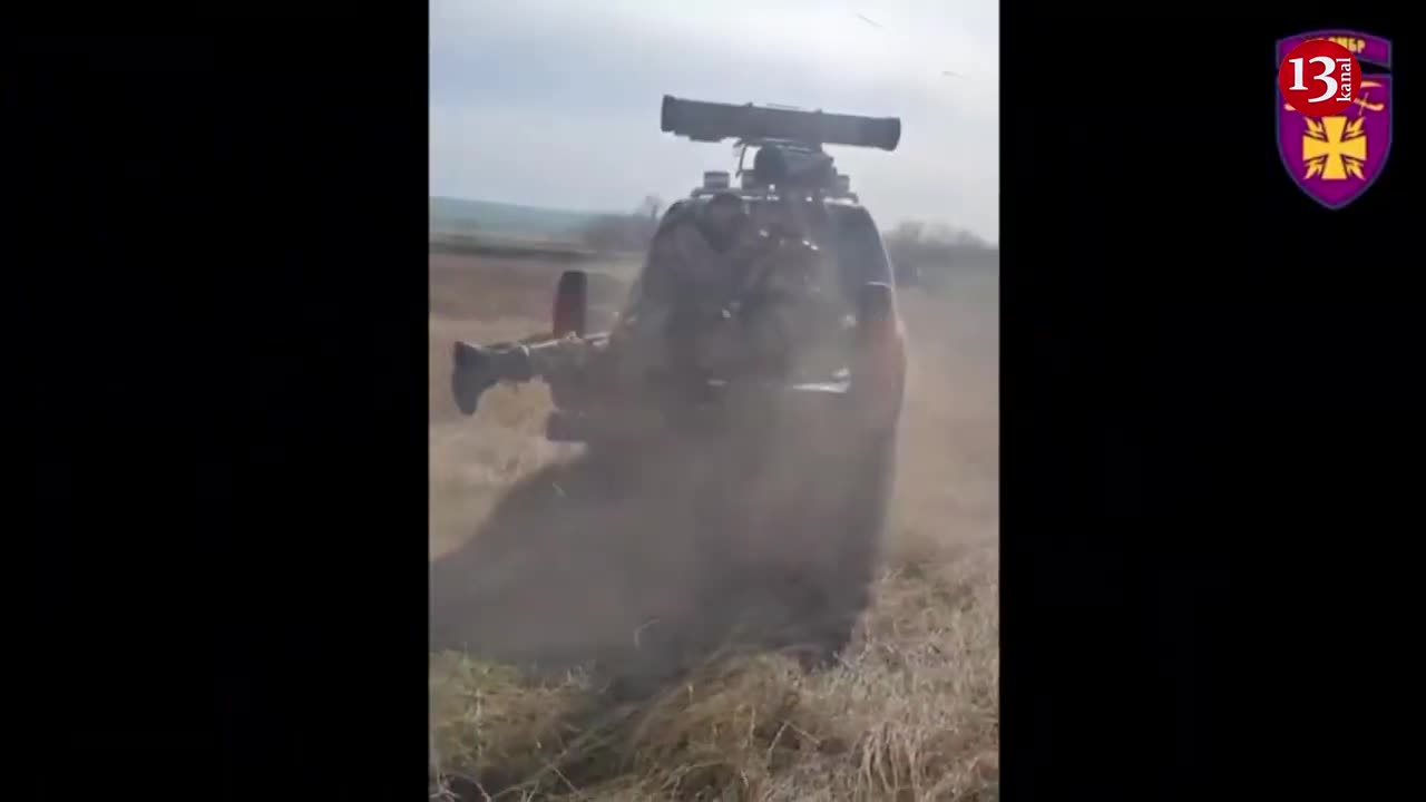 The moving Russian tank column is fired with an anti-tank missile complex