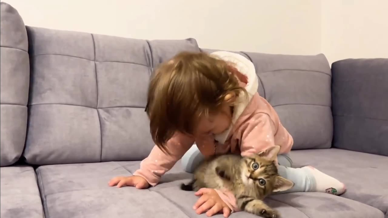 Cute Baby Meets New Baby Kitten for the First Time!