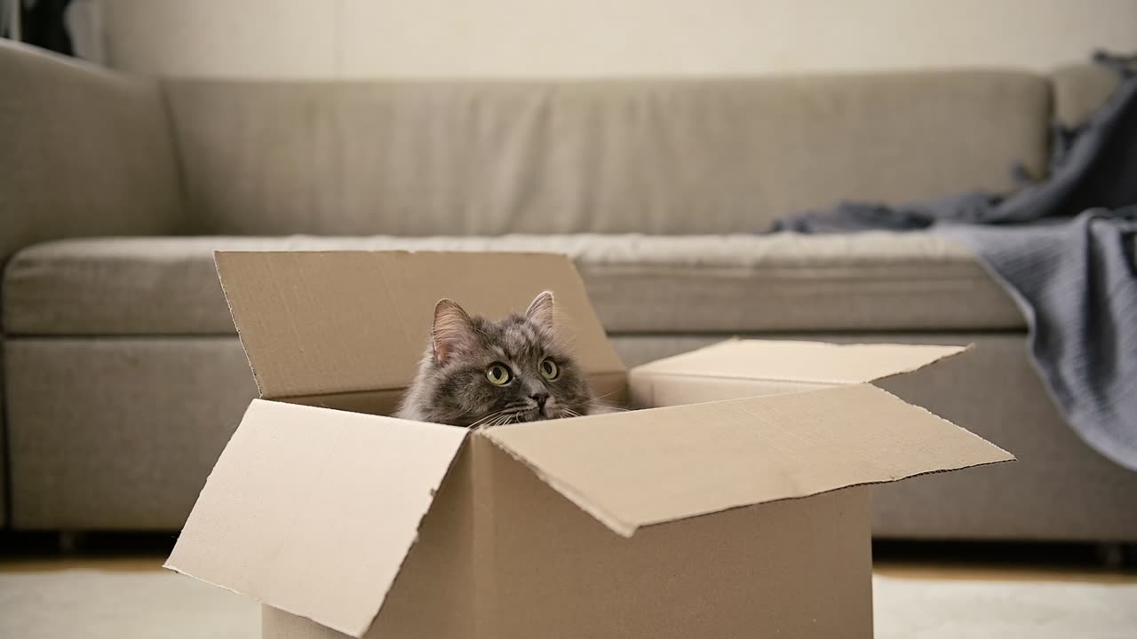 Adorable Cat Sitting Inside A Cardboard Box At Home