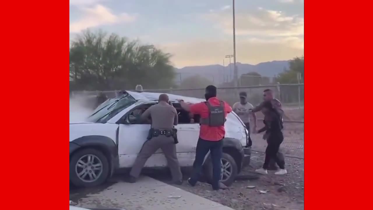 Car full of illegal immigrants, Texas Rangers caused the car to be flipped.
