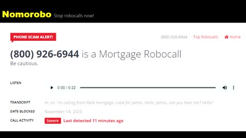 Returning Call From (800) 926-6944 From Alleged Rocket Mortgage, November 14, 2023