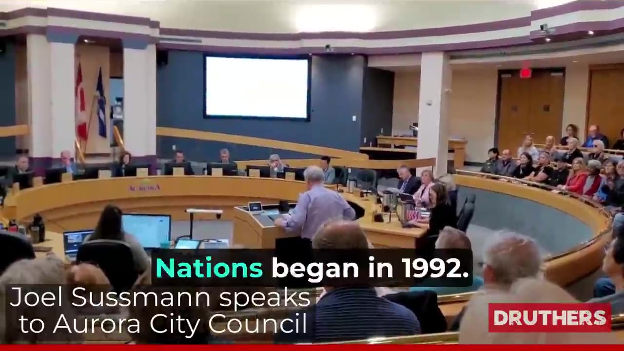 15 Minute Cities speech at a recent city council meeting in Aurora, Ontario. Joel Sussmann speaking.