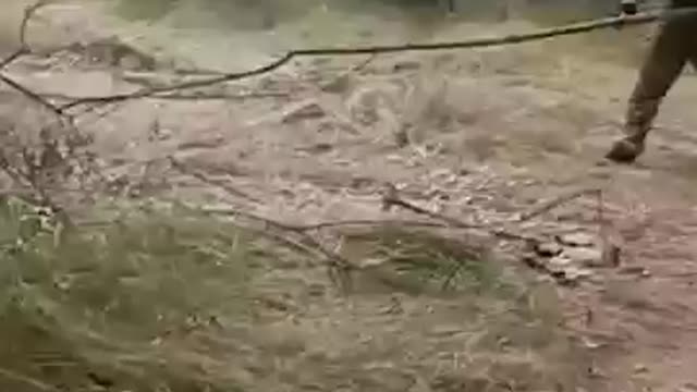Ukrainian soldier detonates mine with a large stick