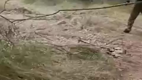 Ukrainian soldier detonates mine with a large stick