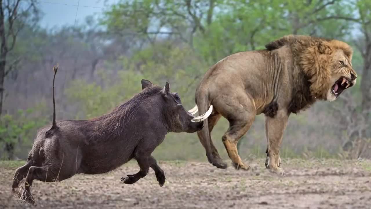 African Wildlife In Action! Warthog Tossing Male Lion To The Air To Save Baby - Tiger vs Porcupine