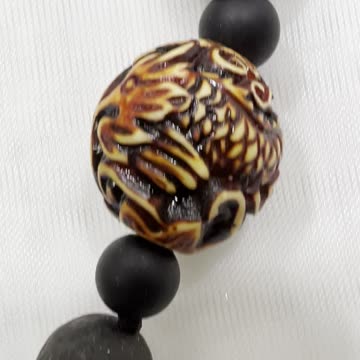 Handmade + Knotting Unique 20”~32” Necklace with Lava Beads, Onyx, Jade Dragon