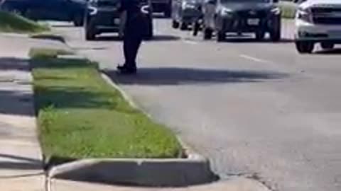 Police officer in Webster, TX stops traffic to escort a mother duck & duckings across a busy road.