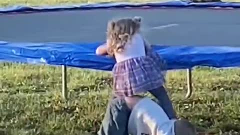 He helped his little sister get off the trampoline