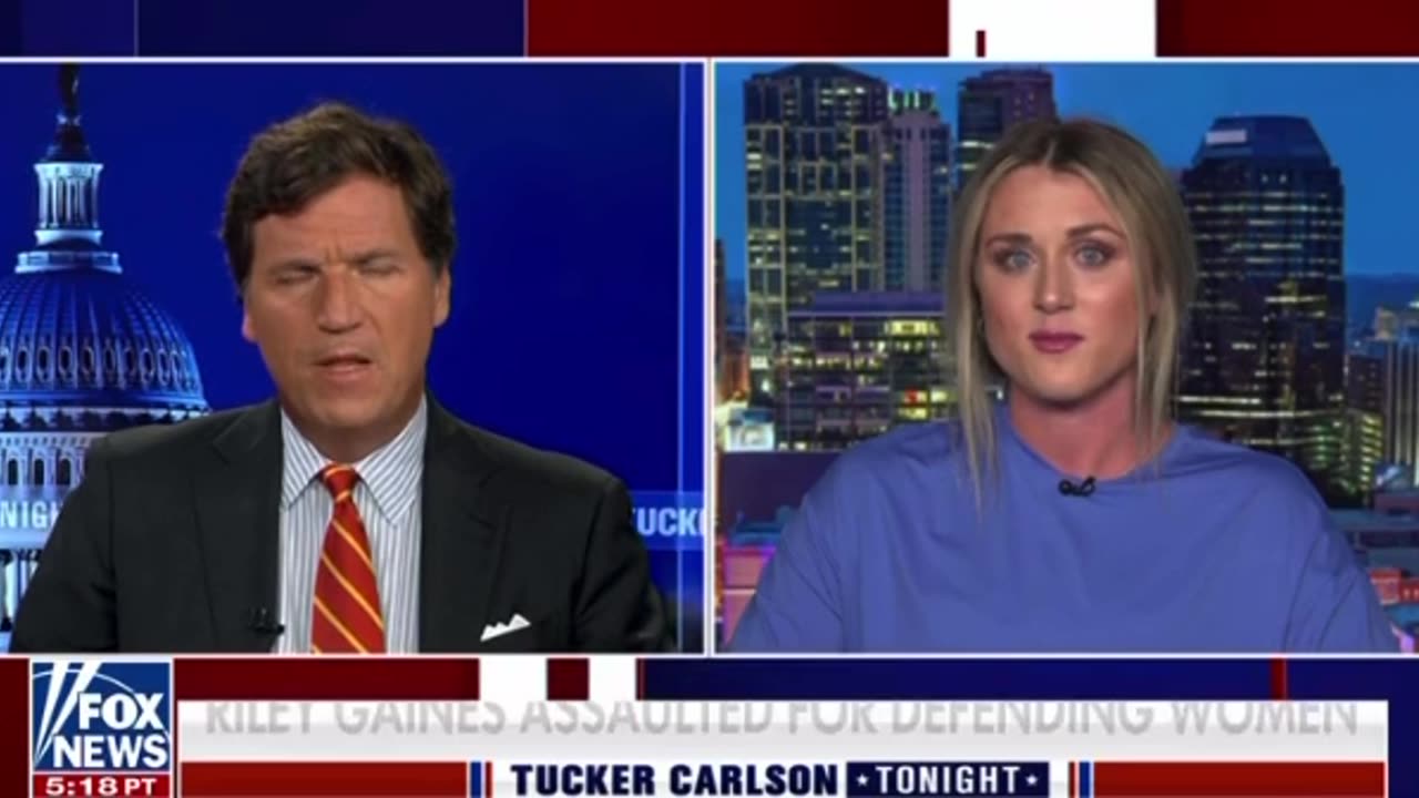 Tucker Carlson speaks with Riley Gaines after she narrowly escaped from trans activists.