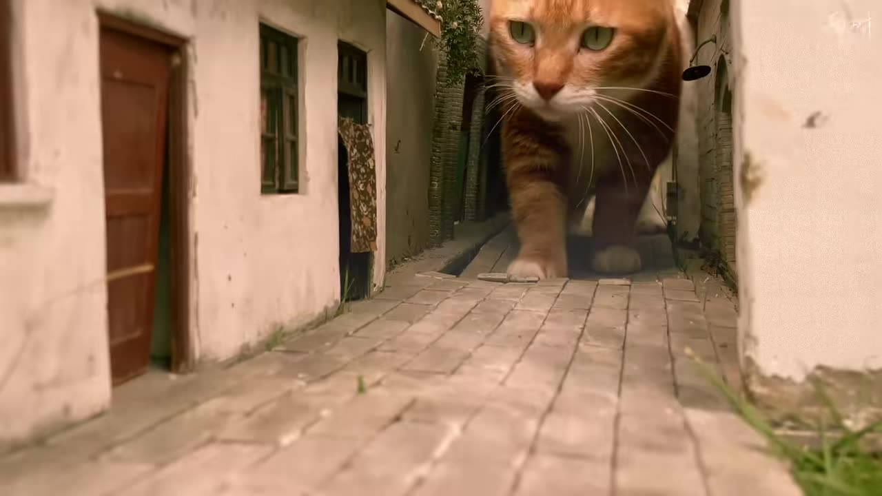 The giant cat walks through the human streets and the ground cracks