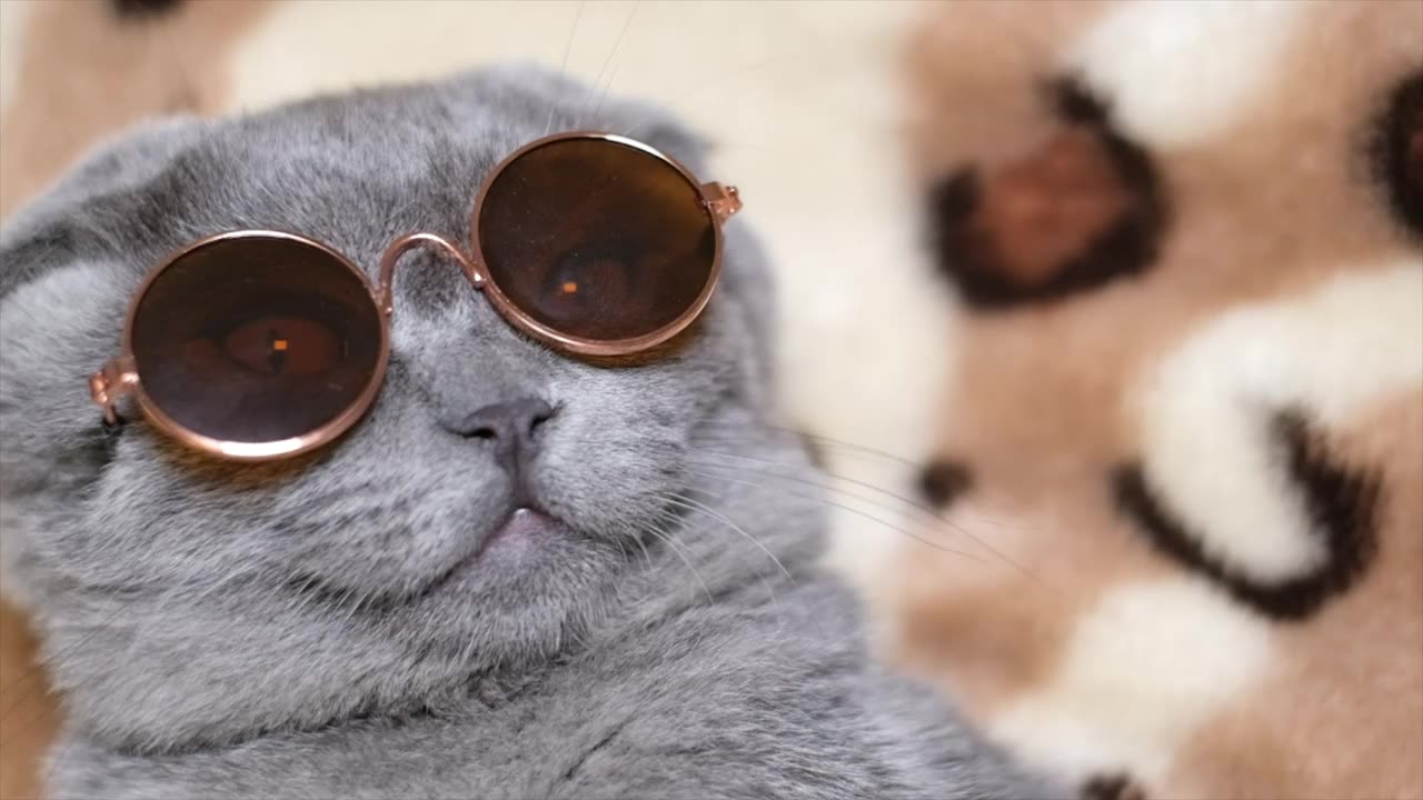 cute gray cat with dark glasses turning his face to the camera