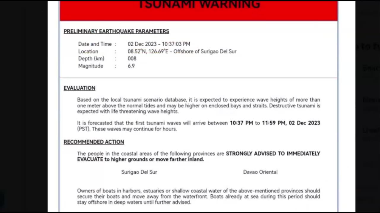 Tsunami Warning and Large Earthquake, M7.7 Hits Mindanao, Philippines