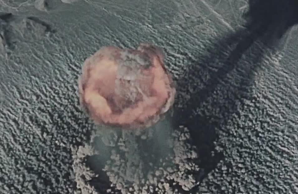 Aerial view of an atomic bomb explosion at Nevada Desert