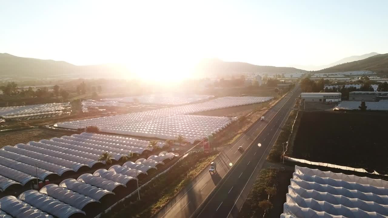 Aerial view of a road between greenhouses