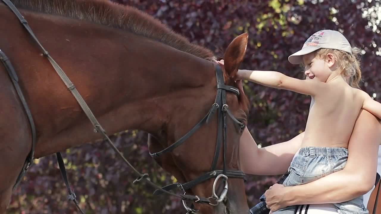 Grandmother with her little granddaughter playing with a horse