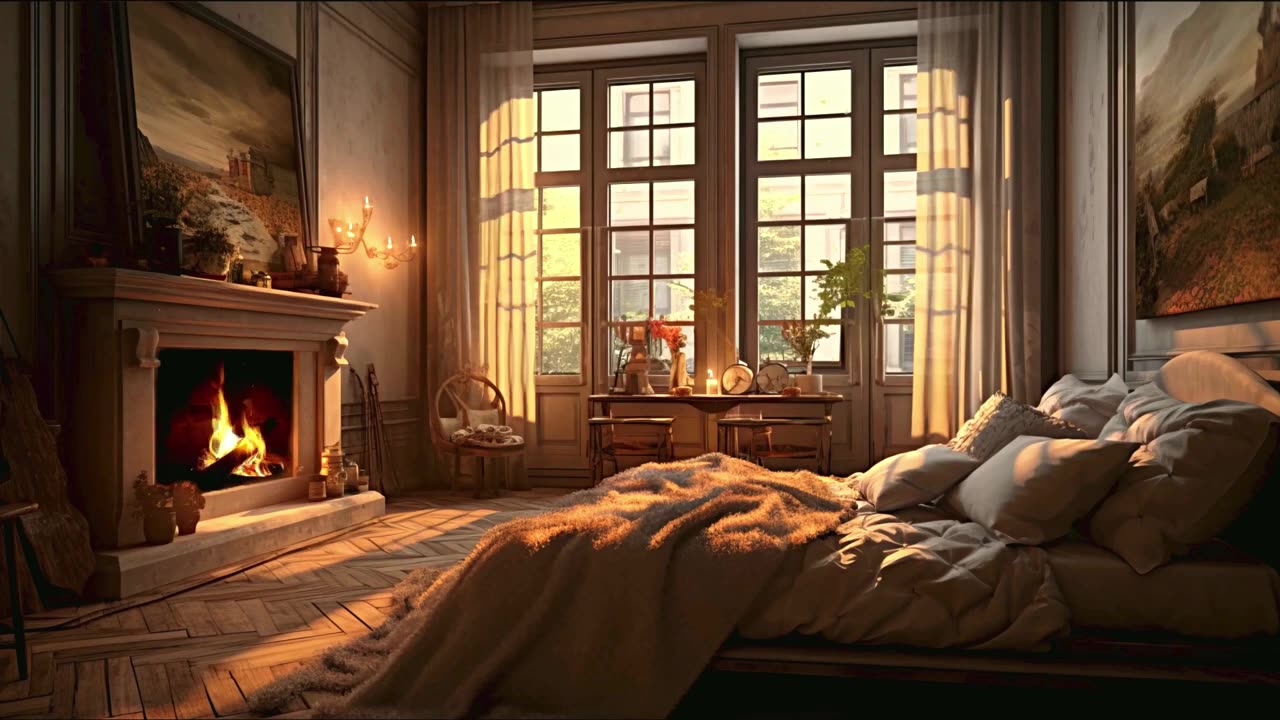 Relaxing Bedroom with Cozy Fireplace on an Autumn Afternoon