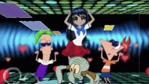 Squidward Is Playing With Tiles While Phineas And Ferb Dance With A Anime Girl 🕺