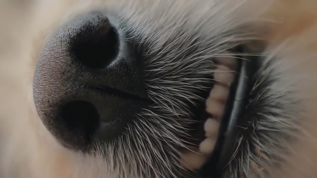 Close-up shot of dog's nose and mouth of sleeping dog laying on bed. Cute sleepy face