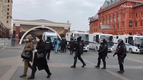 Woman holding sign in Moscow dragged away by security forces