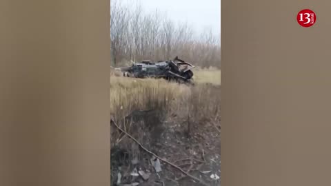 What is left of the blown-up Russian T-80BV tank - Its remains are scattered around