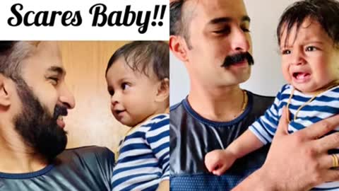 Dad shaves beard / baby reaction 😱