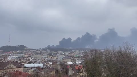 Smoke rises in Lviv after the brutal Russian bombing