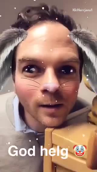 Guy puts face next to line of stuffed animals using snapchat filter