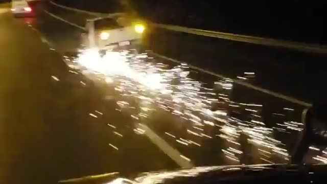 Car Driving on Highway Without Wheel Sends Sparks Flying in the Air