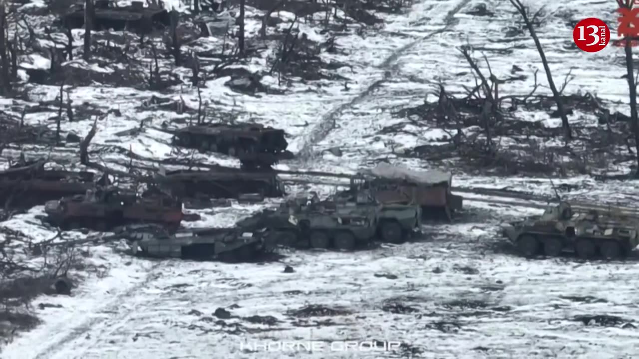 Drone image of destroyed Russian equipments in snowy Avdiivka steppes