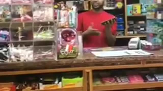 Kids throwing stuff at guy in red shirt cashier liquor store
