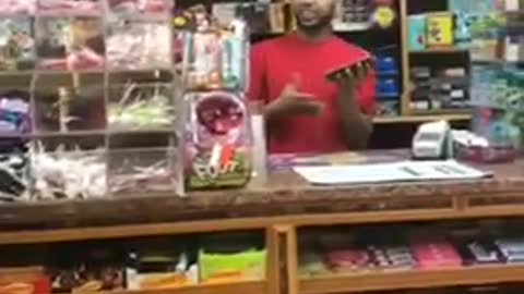 Kids throwing stuff at guy in red shirt cashier liquor store