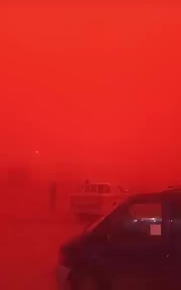 Red sky due to a major sandstorm affecting the Al-Mukhaili region in Libya