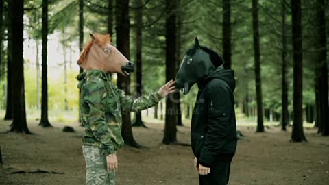 Funny video two people Horse head mask