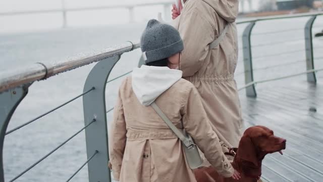 Mother and Child Walking with their Dog Seaside