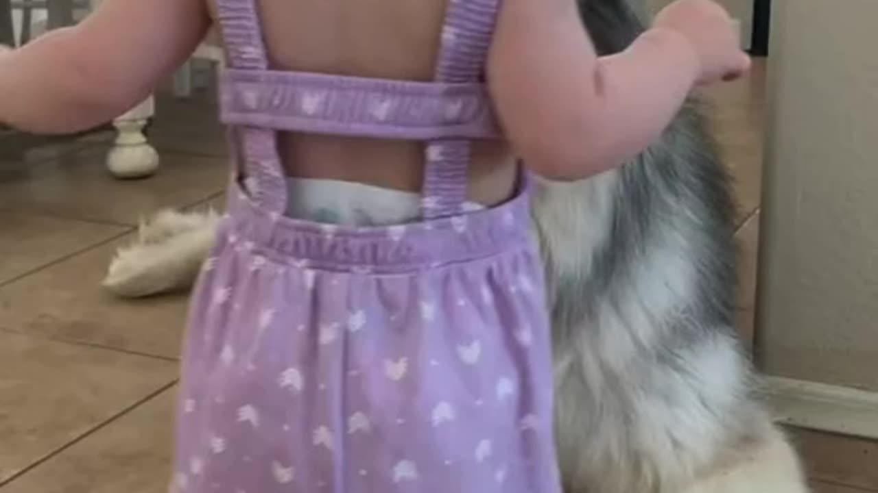 The little girl hugs her best friend