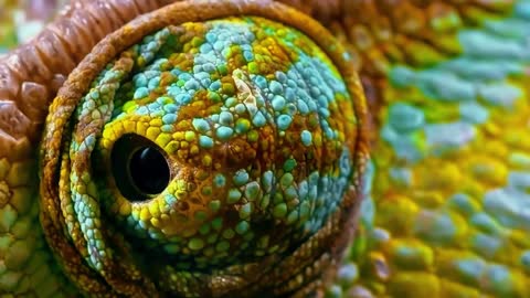 an extreme close up of a chameleons eye moving around