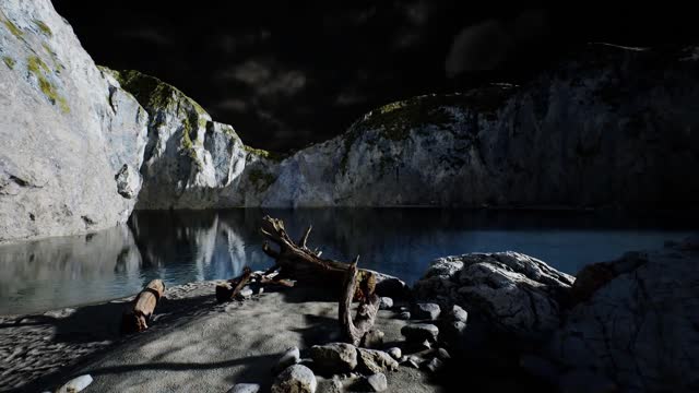 fjord with dark storm clouds