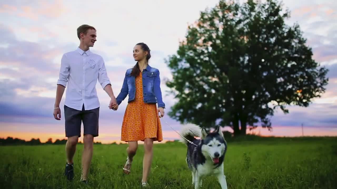 Loving couple playing with dog at the beach. Concept about love, animal and lifestyle