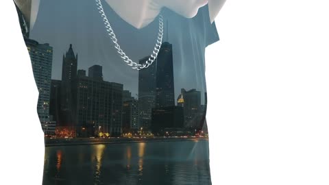 Double exposure of woman and building