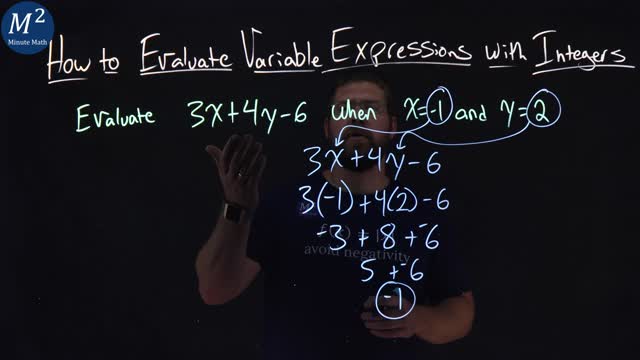 How to Evaluate Variable Expressions with Integers | Evaluate 3x+4y-6 when x=-1; y=2 | Part 2 of 2