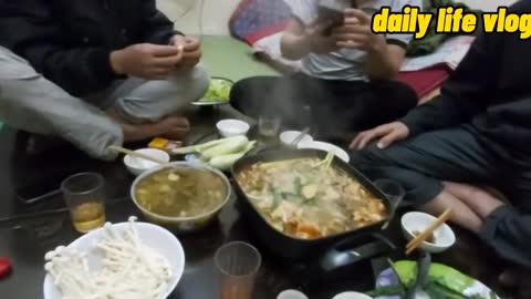 super big hot pot and drinking from a cup and the end