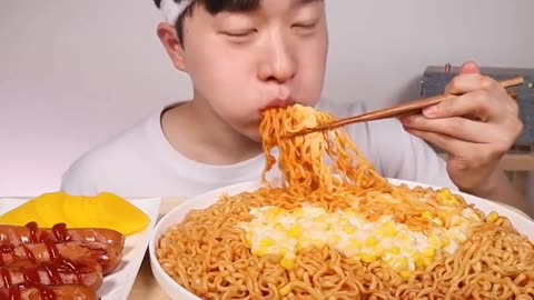 Mukbang| Eating Corn Cheese spicy fire noodles with sausages