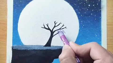 Drawing with oil pastel _ Moonlight Night Scenery Drawing