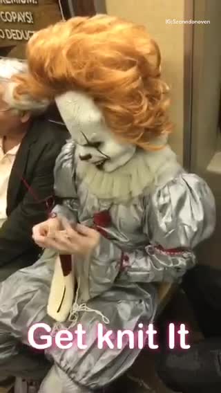 Pennywise clown costume knitting subway train sit