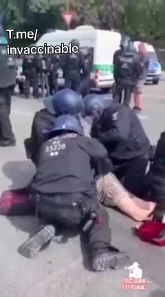 Germany - Police throwing punches into the back of a women's neck faced down on the ground they arrested