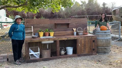 Recycled wood mud kitchen for Christian school