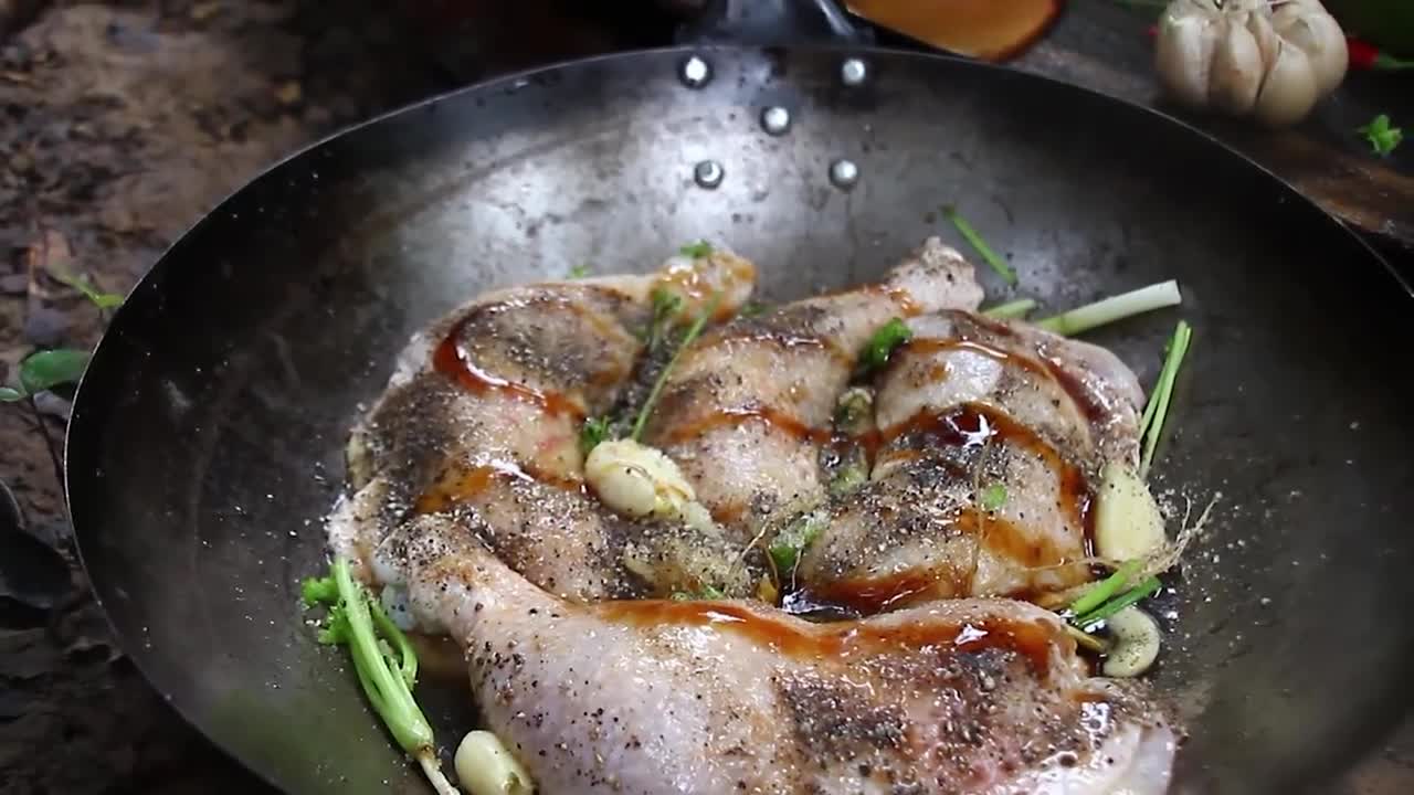 Cooking Coconut Chicken Leg Recipe eating so Yummy Coconut water Cook Chicken Meat in Fry Pan-16