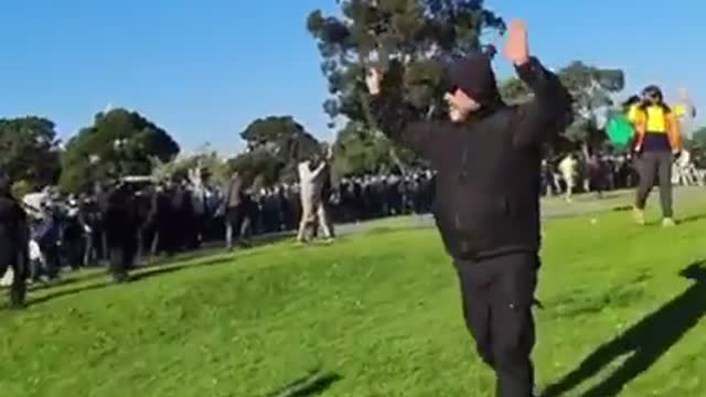 Victoria Police fire on protesters at the Shrine of Remembrance. Melbourne, Australia