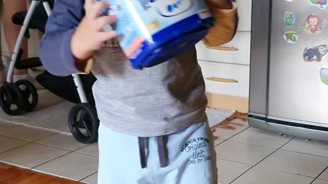 Baby is playing with a box