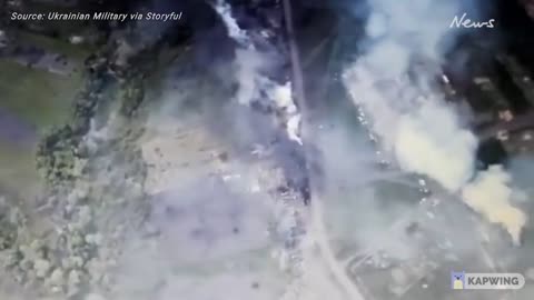 Drone footage shows devastating aftermath of strikes near Russian amors in Izyum